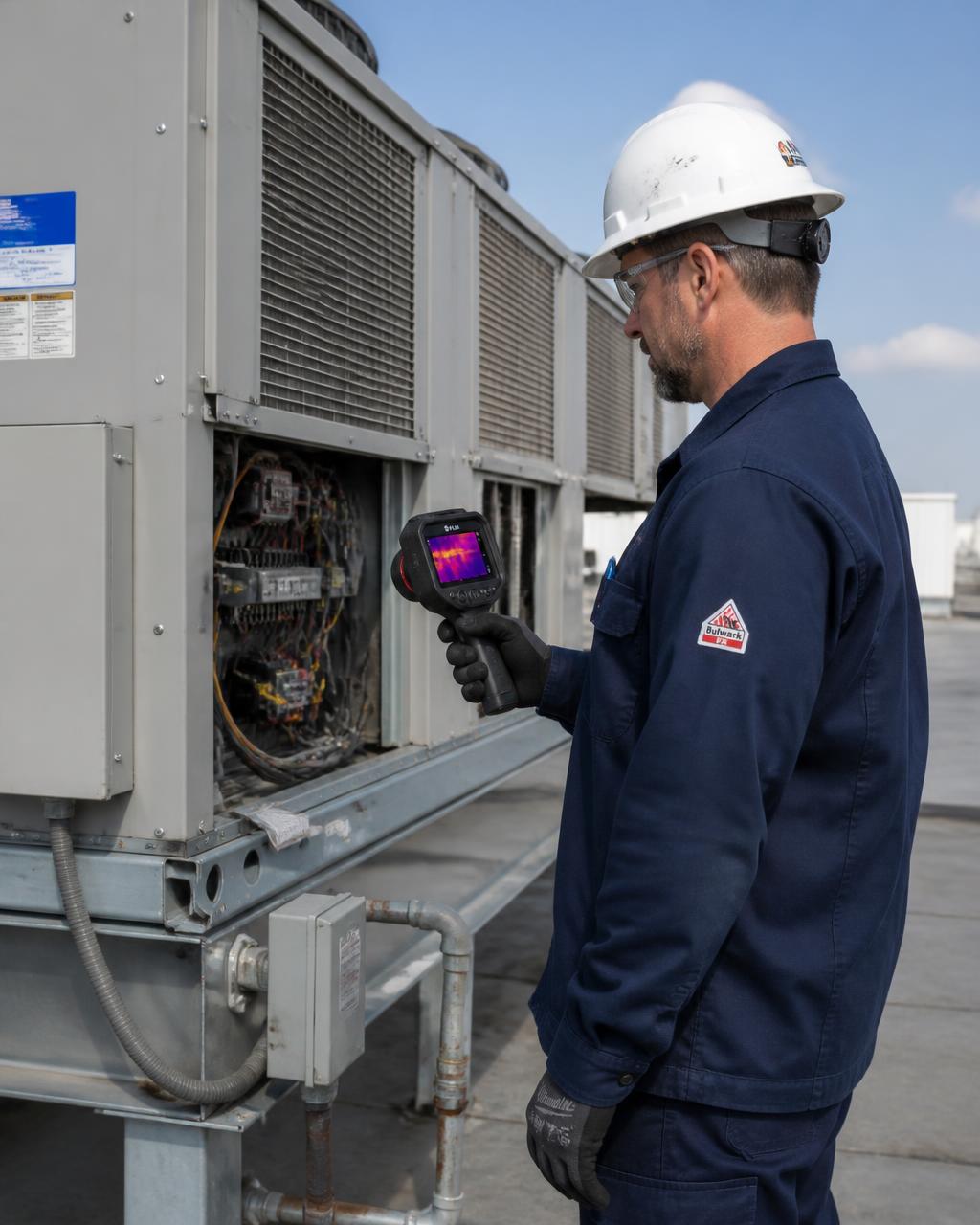 Engineer inspecting a commercial building HVAC system
